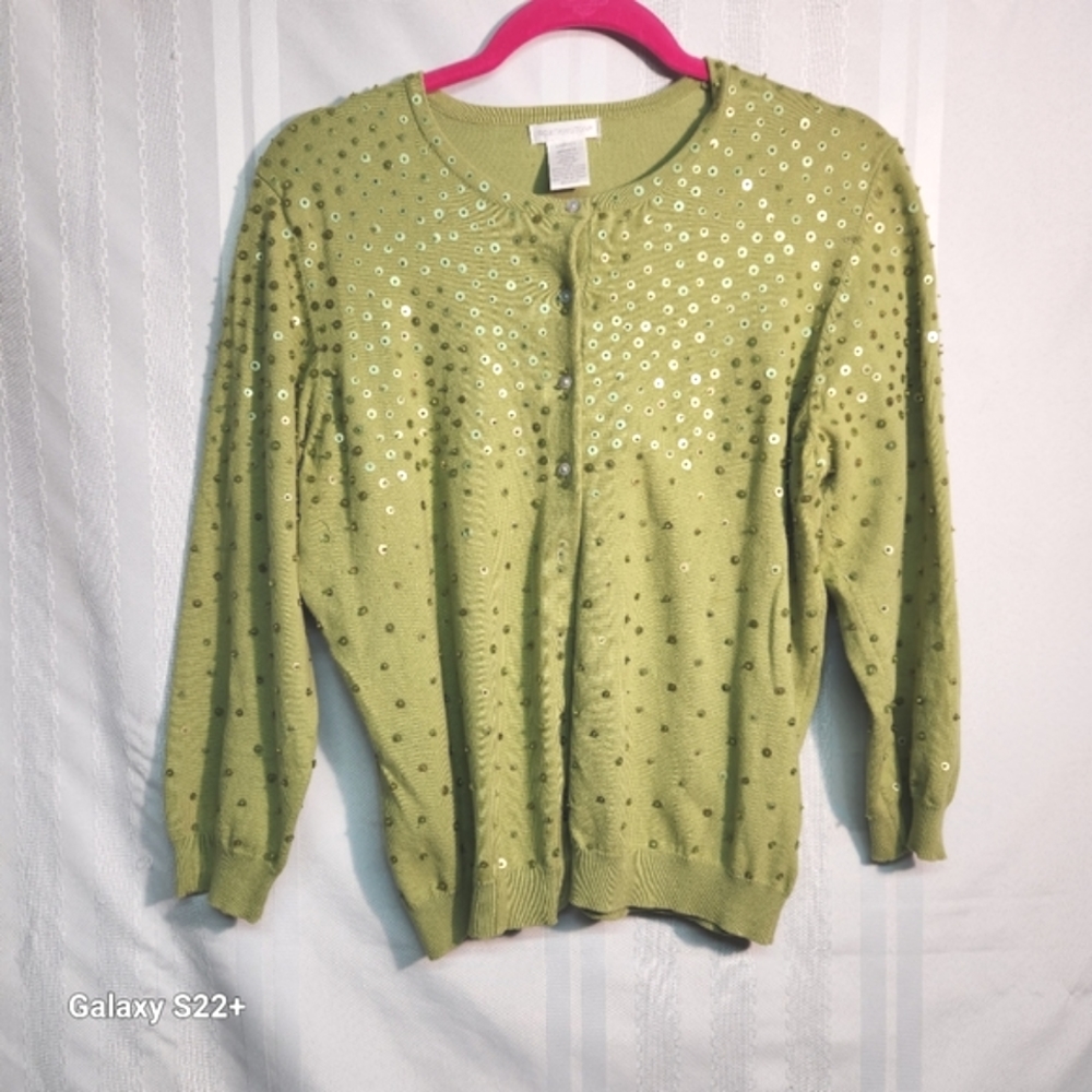 WORTHINGTON GREEN SEQUENCE 3/4 SLEEVE BUTTON DOWN CARDIGAN SIZE LARGE